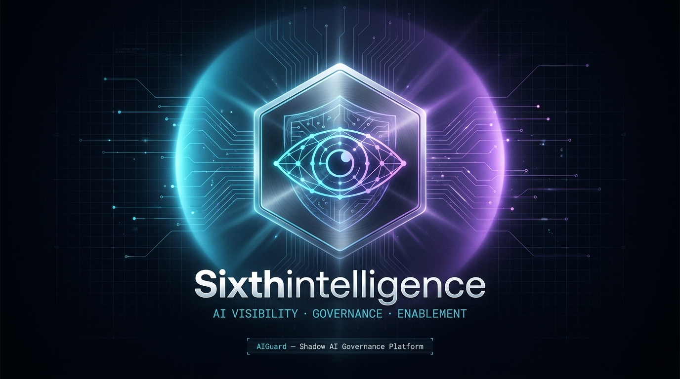 Sixthintelligence brand mark: a hexagonal badge with a geometric eye over a circuit shield, with the tagline AI Visibility, Governance, Enablement and the AIGuard Shadow AI Governance Platform